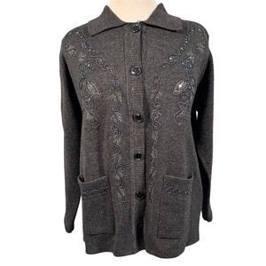 Vintage T.C. Fashion Women's Gray Beaded Embroidered Cardigan Sweater Size M